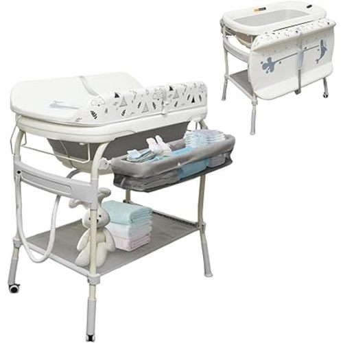 2 in 1 Baby Bathtub with Changing Table, DEYGIA Waterproof Diaper Changing Station Portable Changing Table Adjustable Height Nursery Organizer with Storage Racks for Newborn Infant Toddler