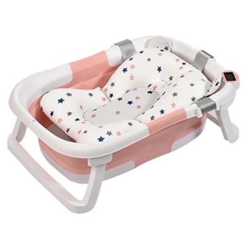 Cochildor Foldable Baby Bathtub with Thermometer & Soft Cushion | 0-36 Month Infant to Toddler Bath Tub | Portable Trave Bathtub for Baby, Pink