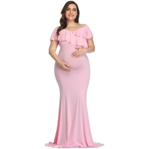 YnimioAOX Maternity Photoshoot Dress Ruffle Sleeve Maxi Gown