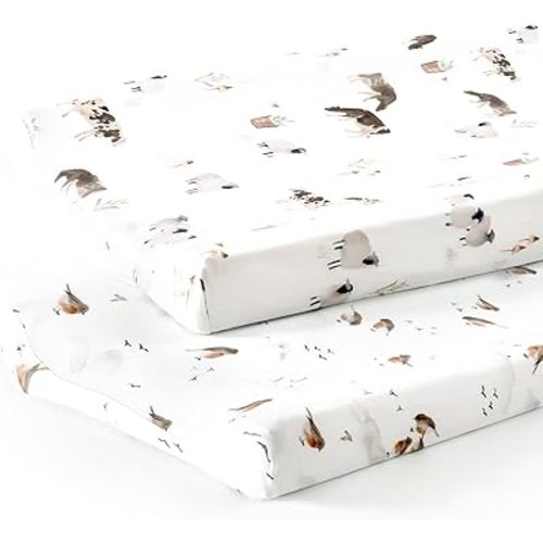 GRSSDER Stretch Ultra Soft Jersey Knit Changing Pad Cover Set 2 Pack, Change Table Pad Covers Fit 32"/34" x 16" Pads Safe and Snug, Cute Watercolor Cows and Birds Print for Boys and Girls