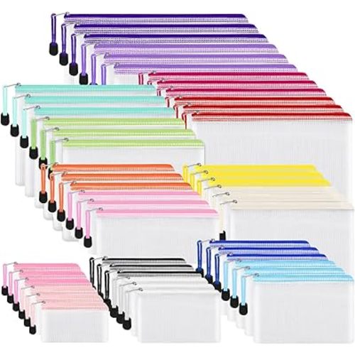 EOOUT 48pcs Mesh Zipper Pouch, Waterproof Zipper Bags, 8 Sizes Plastic Travel Pouch, 15 Colors, Multipurpose for Board Game, Travel Storage, School Supplies, Office Appliances, Home Organize