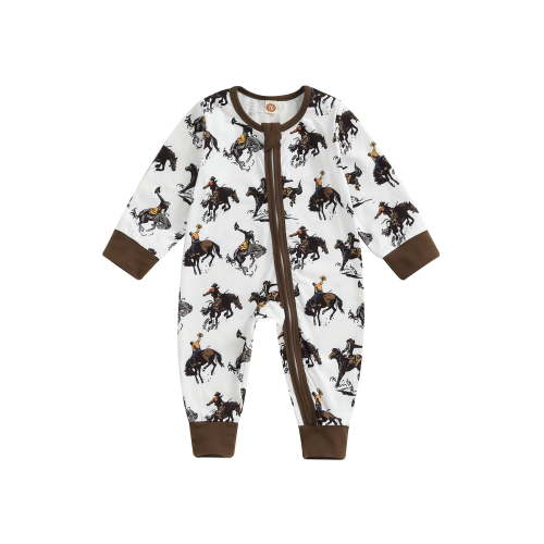Suealasg Western Newborn Baby Boys Girls Jumpsuit Long Sleeve Horse Print Zipped Romper Bodysuits 3 6 12 18 Months Infant Fall Country Clothes