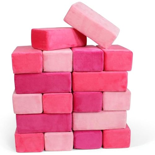 The Original Premium Plush Building Block for Kids - Certified Safe Foam Blocks in Luxuriously Soft Fabric Covers (Pretty Pink, Blocks)