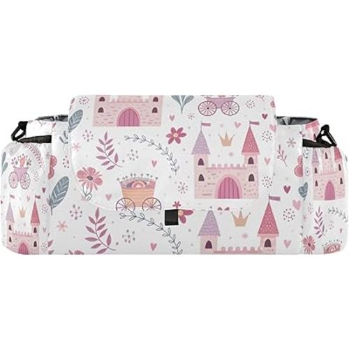 Baby Stroller Bag Princess Castle Pink Stroller Caddy Organizer Bag with Adjustable Straps Non-slip Hook Large Storage for Strollers