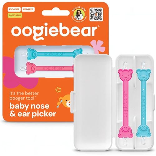 oogiebear - Patented Nose and Ear Gadget. Safe, Easy Nasal Booger and Ear Cleaner for Newborns and Infants. Dual Earwax and Snot Remover. Aspirator Alternative - Two Pack with Case - Raspberry Seafoam