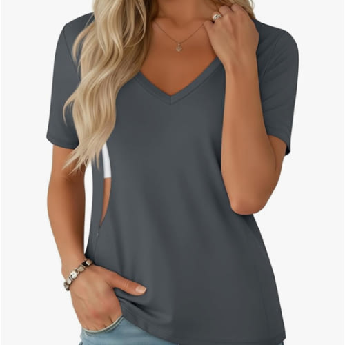 Women's Nursing Breastfeeding Shirts with Hidden Zipper Maternity V Neck Short Sleeve Tops Loose Pregnancy Tees