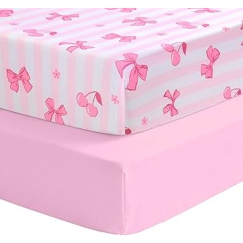 Cloele Crib Sheets 2 Pack for Boys Girls,Fitted Baby Crib Sheets for Standard Crib & Toddler Mattress 52"x28",Soft Breathable Nursery Bed Sheets(Pink Bow&Pink)