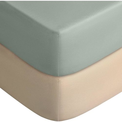 Yoofoss 2-Pack Pack and Play Sheets Fitted 38x26 (Apricot-Green) | Ultra Soft & Breathable, Mini Crib Sheets for Playard and Pack n Play Mattress