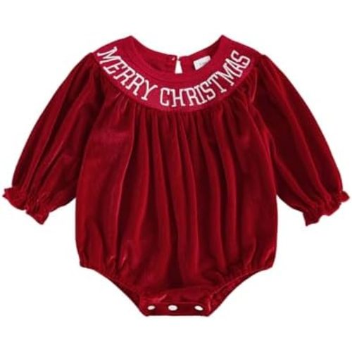 Infant Newborn Baby Girl Christmas Outfit Smocked Letter Embroidery Velvet Romper Bodysuit Bubble Xmas Clothes