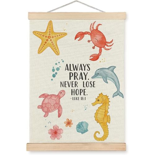 SPBL&L Coastal Christian Wall Art, Luke 18:1 Bible Verse Poster Hanger Frame, Ocean Beachy Religious Hanging Canvas Pictures Prints Wall Decor for Home Kids Room Bedroom Nursery, 12x16 Inch