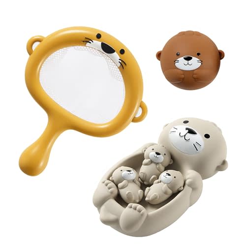 Rinnland Otter Bath Toy, Otter Family Tub Toy Bathtub Floating Toy for Kids - Soft Vinyl and ABS Plastic Material - No Hole One-Piece Design (Otter Playset + Fishing Net + 1 Balls)