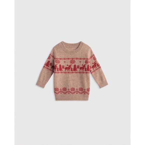 Kids & Baby Mongolian Cashmere Fair Isle Christmas Sweater - Baby in Oatmeal/Varsity Red