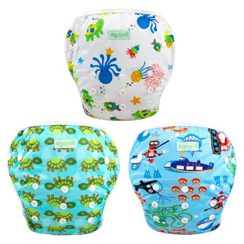 wegreeco Baby & Toddler Snap One Size Adjustable Reusable Baby Swim Diaper (Diving, Ocean, Turtle, Large, 3 Pack)