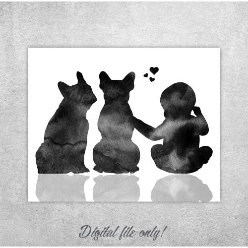French bulldogs print, Baby and 2 dogs, Back view sitting, Pregnancy reveal, Dogs print, Baby room decor, Nursery wall art, Instant download