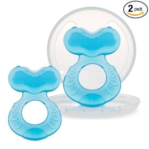 Nuby Soft Silicone Teether with Massaging Bristles | 2 Pack: Blue | 3m + | Travel Case Included