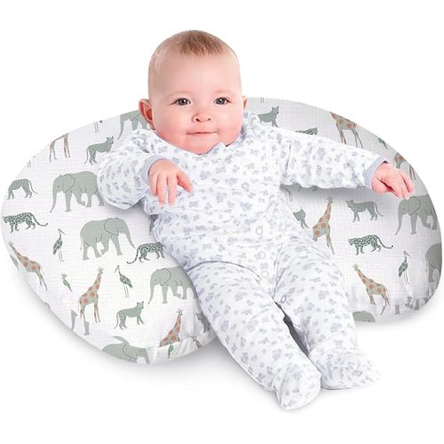 Little Grape Land Nursing Pillow, Soft 100% Cotton Breastfeeding Pillow with Breathable Muslin Removable Cover, Breast Feeding Pillows for Babies 0-12 Months with Protective Zipper, Safari