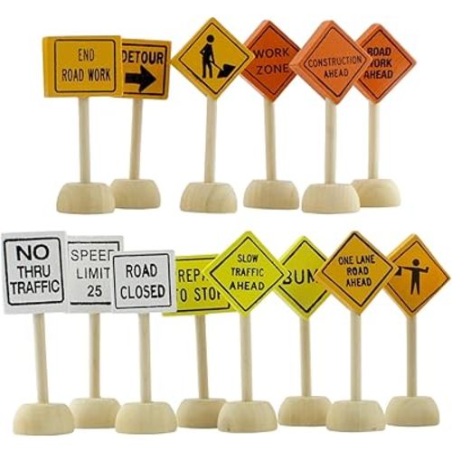 Attatoy Toy Wooden Road Construction Traffic Sign Set; Street Signs Small Toy Cars and Other Diecast Vehicles & Wood Cars & Toys
