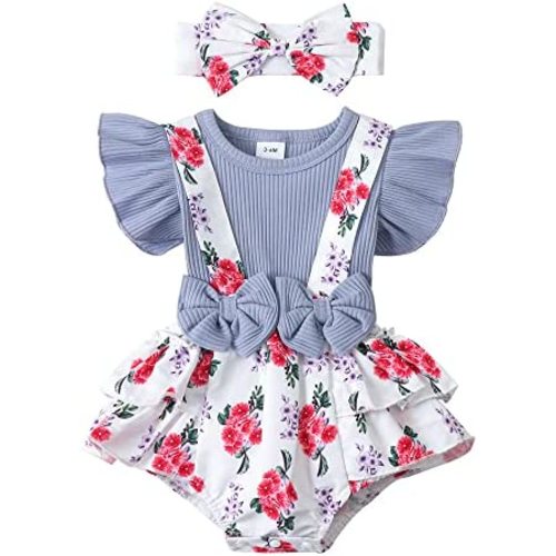 Newborn Baby Girl Clothes Infant Romper Floral Suspender Dress Ruffle Sleeve Onesie Outfit Jumpsuit Headband Spring Summer