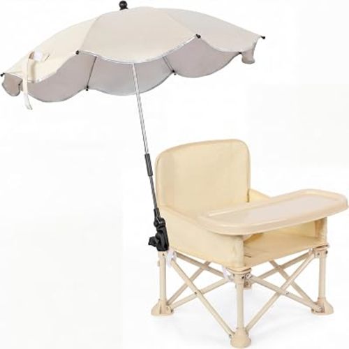 Baby Outdoor Beach Chair with Umbrella Kids Travel Folding Seat with Tray Compact Portable Chair with Backrest Pocket for Dining Table, Camping, Light Brown