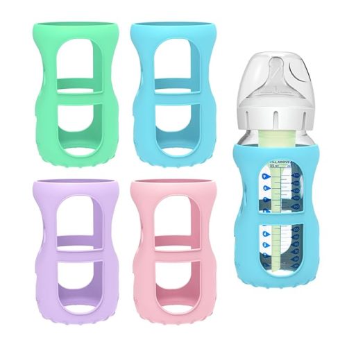 MORLIKE 4 Pack Silicone Sleeves Fit for 9 oz/270 mL Dr. Brown's Wide Neck Glass Baby Bottle, 100% Silicone Covers Protect Baby Glass Bottle, Easy to Grip Bottle Holders for WB93703-WEB WB91700-P4