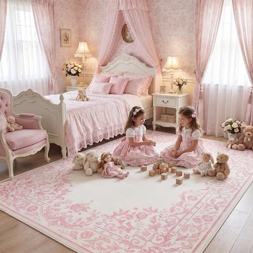 Garvee Washable 5x7 Rugs for Girls Bedroom, French Retro Non Slip Pink Rug | Soft Low Pile Pet Friendly Stain Resistant Solid Carpet for Living Room Nursery Kids Room College Dorm Decor