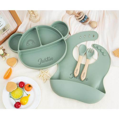 Personalized Silicone Baby Weaning Set,Cartoon Weaning Set for Toddler Baby Kids,Feeding Set with Name,Engraved Silicone Bib,Baby Plate
