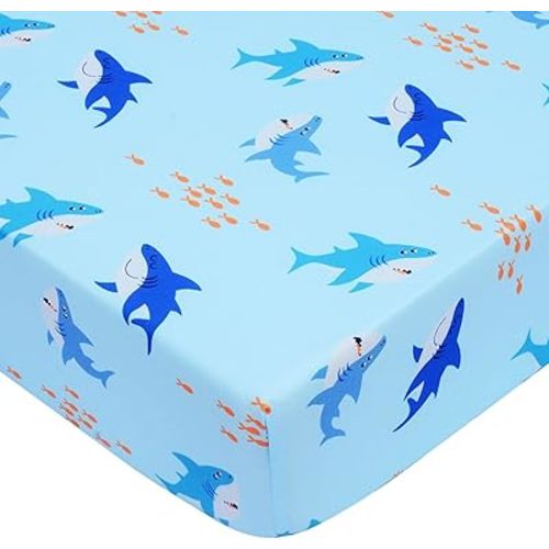 UOMNY Crib Sheet for Baby Boys Shark Fitted Crib Sheets for Standard Crib and Toddler Mattresses Ocean Crib Mattress Sheets for Daycare 52 x 28 Blue