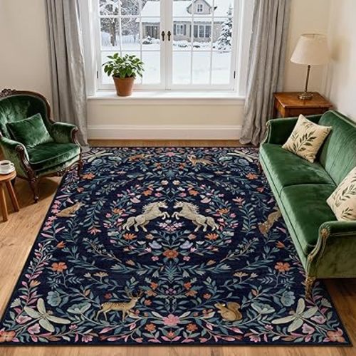STARUIA 8x10 Area Rugs for Living Room, Unicorn Floral Non-Slip Washable Rugs, Farmhouse Moroccan Vintage Animal Large Girls Area Rug for Bedroom, Carpet for Dining Room Nurseries(Navy Blue,8'x10')