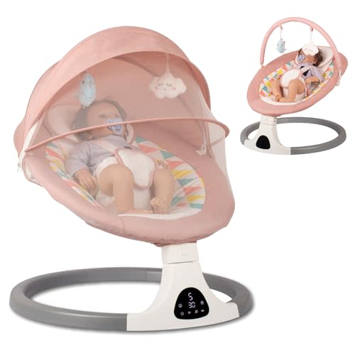 JFOVMCYG Electric Baby Swing for Infants 0-9 Months, Portable Infant Swing with 5 Speeds, Bluetooth Audio, Remote Control, USB Power Cable & Adapter Included, Pink, Up to 20 lbs