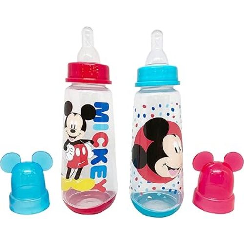Disney Cudlie Mickey Mouse Baby Boy 2 Pack of 9 Oz Bottles with Removeable Character Molded Lid in Baby Mickey Star Print in Red & Blue