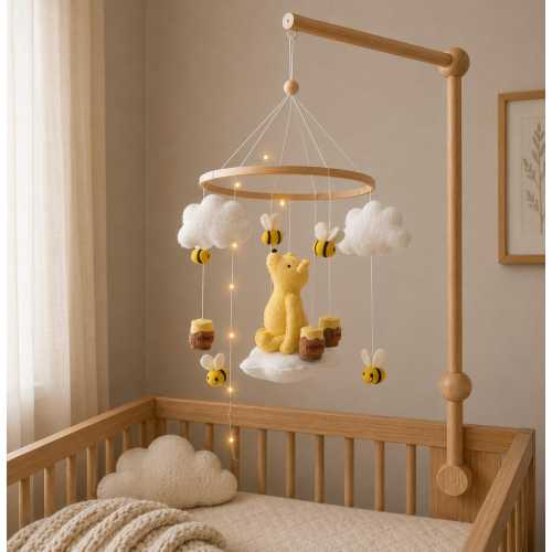 Winnie the Pooh-Themed Clouds Baby crib Mobile, boucle nursery decor, baby shower gift, baby mobile, bear mobile