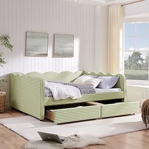 Cozy Gingham Daybed with 2 Drawers Queen Size Sofa Bed No Box Spring Needed, with USB Port and Adorable Wave Shaped, Linen Fabric, Navy (Green+Queen+2 Drawers)