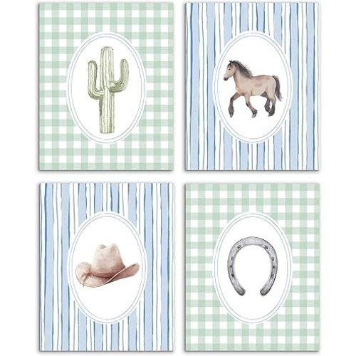 AJIPUX Cowboy Nursery Wall Art Prints Set of 4, Western Nursery Decor, Blue Striped Green Gingham Horse Cactus Horseshoe Cowboy Hat Wall Decor for Toddler Kids Room Playroom Home, 8x10 Unframed