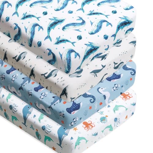 4 Pack Ocean Nautical Crib Sheets Neutral Unisex Fitted Whale Nursery Baby Sheet Set Toddler Mattress Newborn Blue Ocean Whale Sea Animal Bedding Sheets for Baby Boys or Girls (Crib)