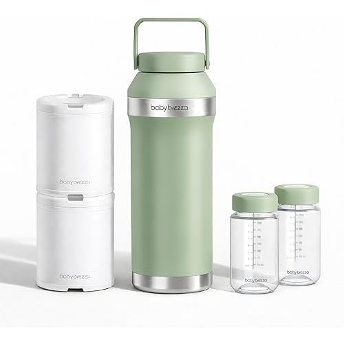 Baby Brezza All Day Portable Breastmilk Cooler, Large 20z Capacity, Insulated Travel Bottle Includes 2 Ice Packs + 2 Bottles, Sage Green