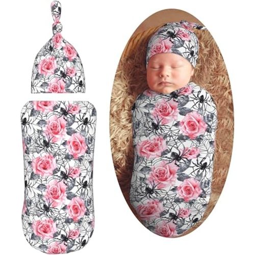 Gothic Roses and Spider Newborn Swaddle Blankets Hat Sets Soft Baby Receiving Blanket Swaddle Sack for Baby Shower Infant Boy Girl Gift