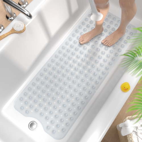 HITSLAM Extra Long Bathtub Mat-40x16 Non Slip Shower Mat with Drain Holes and Suction Cups,Machine Washable Bath Mat,Clear