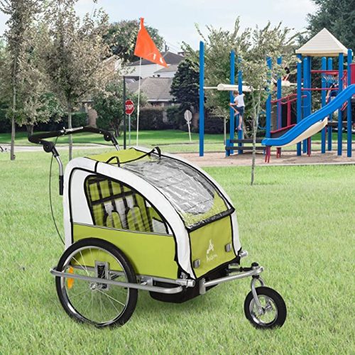 Aosom Elite 360 Swivel 2-in-1 Double Child Two-Wheel Bicycle Cargo Trailer and Jogger with 2 Safety Harnesses - Green