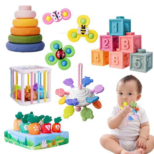 FLLOBE Baby Toys 6-12 Months, Montessori Toys for 1 Years Old, 6-in-1 Set Infant Toys with Sensory Toy, Spinner for Babies, Stacking Toy for Toddlers 1-3 Learning, Gifts for Toddler Newborn, 32PCS