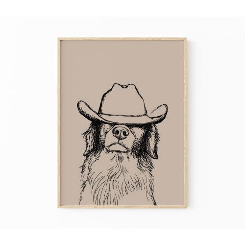 Funny Cowboy Dog Black Sketch Art Print | Retro Print | Vintage Art | Blue Wall Art Dog | Western Dog Print | Trendy Decor | CDB4