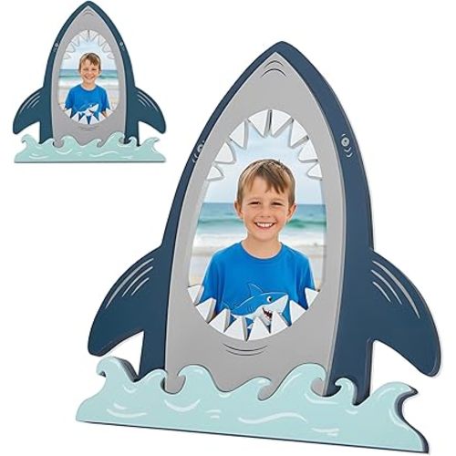 Shark Picture Frame 4x6 - Wooden Nautical Theme Kids Photo Frame for Nursery & Kids Room Decor, Tabletop or Wall Display, Shark Kids Gift