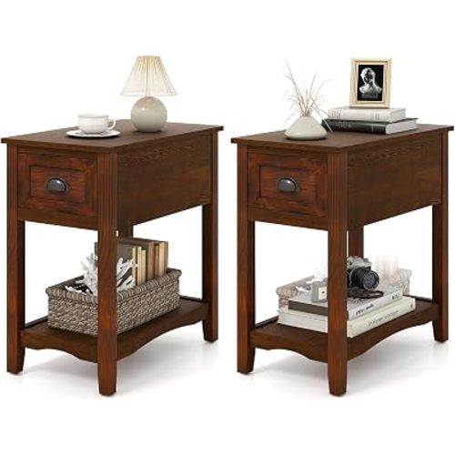 Giantex End Table with Drawer Set of 2, Retro Narrow Side Table, Nightstand with Solid Wood & Storage Shelf, Bedside Table for Living Room Bedroom Small Space Home Office (2, Walnut)