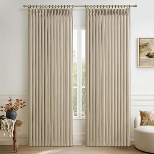 80 Inch Natural Linen Blackout Room Divider Curtains 2 Panels Set, Memory Shape Pinch Pleat Insulated Oatmeal Dual Layer Heavy Drapes Privacy Sound Dampening Modern Windows Curtain 40 x 80 Inches Long