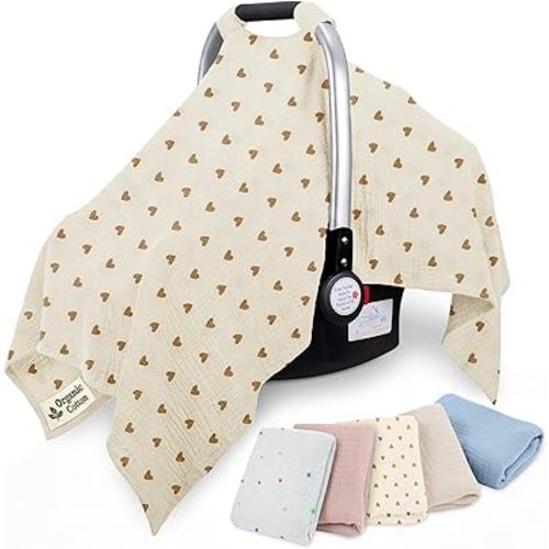 100% Organic Muslin Cotton Car Seat Cover 35 x 50 Inches Soft Touch Breathable Canopy, Protective Car Seat Cover Baby All Seasons Lightweight Car Seat Cover Travel Comfort (Beige Hearts)