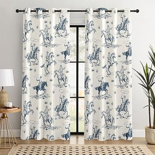 Western Cowboy Blackout Curtains – 100% Blackout Rustic Western Rodeo & Cowboy Design, Thermal Insulated Noise Reducing for Bedroom, Living Room & Man Cave (Vintage Lasso Riders, W52xL84, 2 Panels)