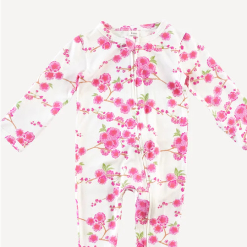 long sleeve two way zipper footie | pink cherry blossom | bamboo