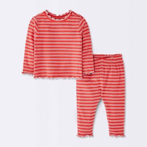 Baby Girls' 2pc Holiday Striped Lettuce Edge Holiday Cozy Set - Cloud Island™ Red Newborn
