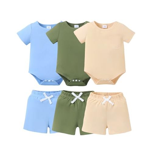 Jecson Newborn Boy Clothes Baby Boy Outfits Summer Set 6-Piece Cotton Short Sleeve Top and Shorts for 0-18M