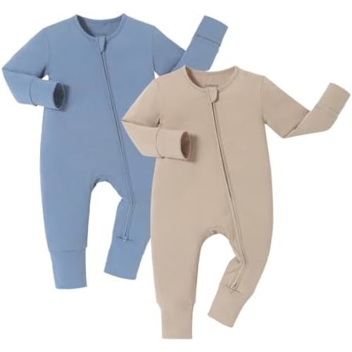 JunNeng 100% Cotton 2Pack Baby Boy Zipper Romper Long Sleeve Baby Pajamas with Mitten Cuffs One Piece 0-18 Months