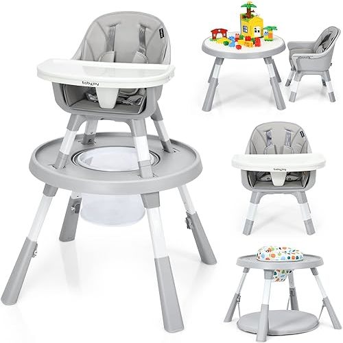 BABY JOY 7 in 1 Baby High Chair, Convertible High Chairs for Babies and Toddlers, Building Block Table, Toddler Chair with Adjustable Legs, Removable Tray, Storage Basket, Safety Harness (Gray)